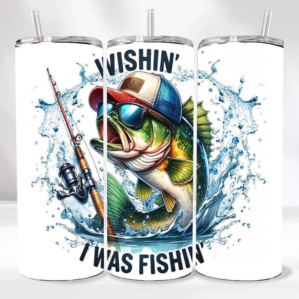 NEW Wishin I Was Fishin Graphic 20oz Skinny Tumbler With Lid Reusable Straw
